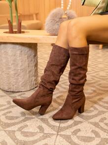 秋冬季女装时尚粗跟尖头褶皱踝靴 - 咖啡棕 - 查看 7