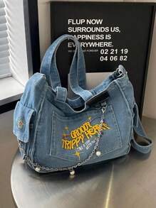 极简风格毛边字母设计牛仔帆布手提包，纯色大容量单肩包，适合女性日常使用、上班通勤、返校校园用品 - 寶藍色 - 查看 5