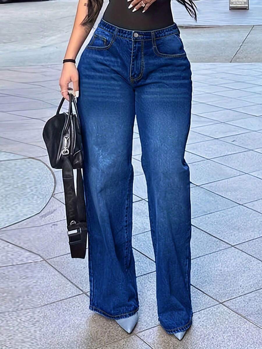Chicsale Women's Straight Leg Wide Jeans Elegant Mid Rise Pants - Button Zipper Fly Denim Pants, Street Casual Style, Comfortable And Durable, Versatile For Daily Use - 中等水洗藍 - 查看 1