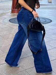 Chicsale Women's Straight Leg Wide Jeans Elegant Mid Rise Pants - Button Zipper Fly Denim Pants, Street Casual Style, Comfortable And Durable, Versatile For Daily Use - 中等水洗藍 - 查看 2