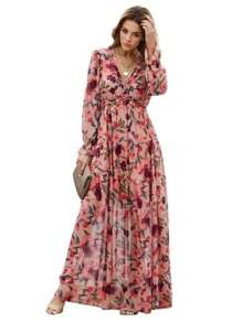 Vestido con volantes y estampado de escote en V y manga larga para mujer - Rosa - Ver 1