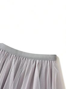 Women Plus Size Layered Tulle Long Skirt, Fashion High Waist Solid Color Frill Trim Ruffle Midi Skirt - Xám - Xem 2