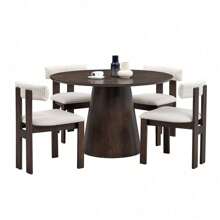 (1 Table With 4 Chairs)Wooden Dining Table Set, Modern Round MDF Kitchen Table And Boucle Upholstered Dining Chairs For Dining Room, Kitchen, Saving Space, Brown,PlushPlace