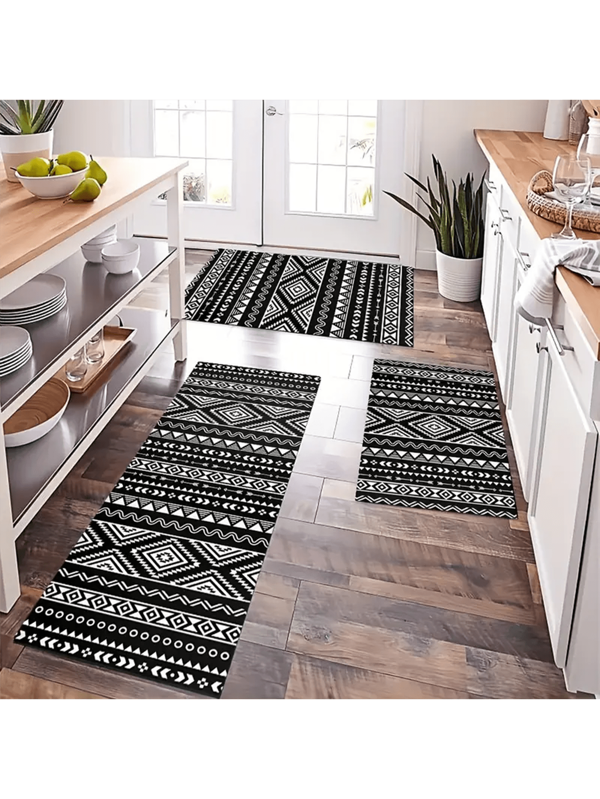 Tapete de cozinha preto e branco boêmio, tapete antiderrapante lavável estilo fazenda para sala de jantar, entrada, lavanderia, escritório