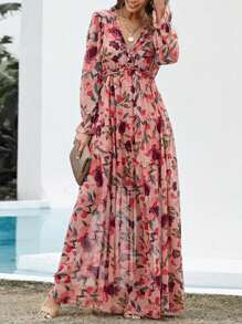 Vestido con volantes y estampado de escote en V y manga larga para mujer - Rosa - Ver 4