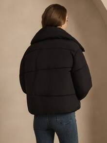 女士冬季休闲纯色翻领长袖短款棉衣 - 黑色 - 查看 3