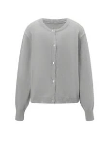 Women Button Up Sweaters Casual Lightweight Solid Color Knit Cardigans Warm Knitwear - Light Grey - View 6