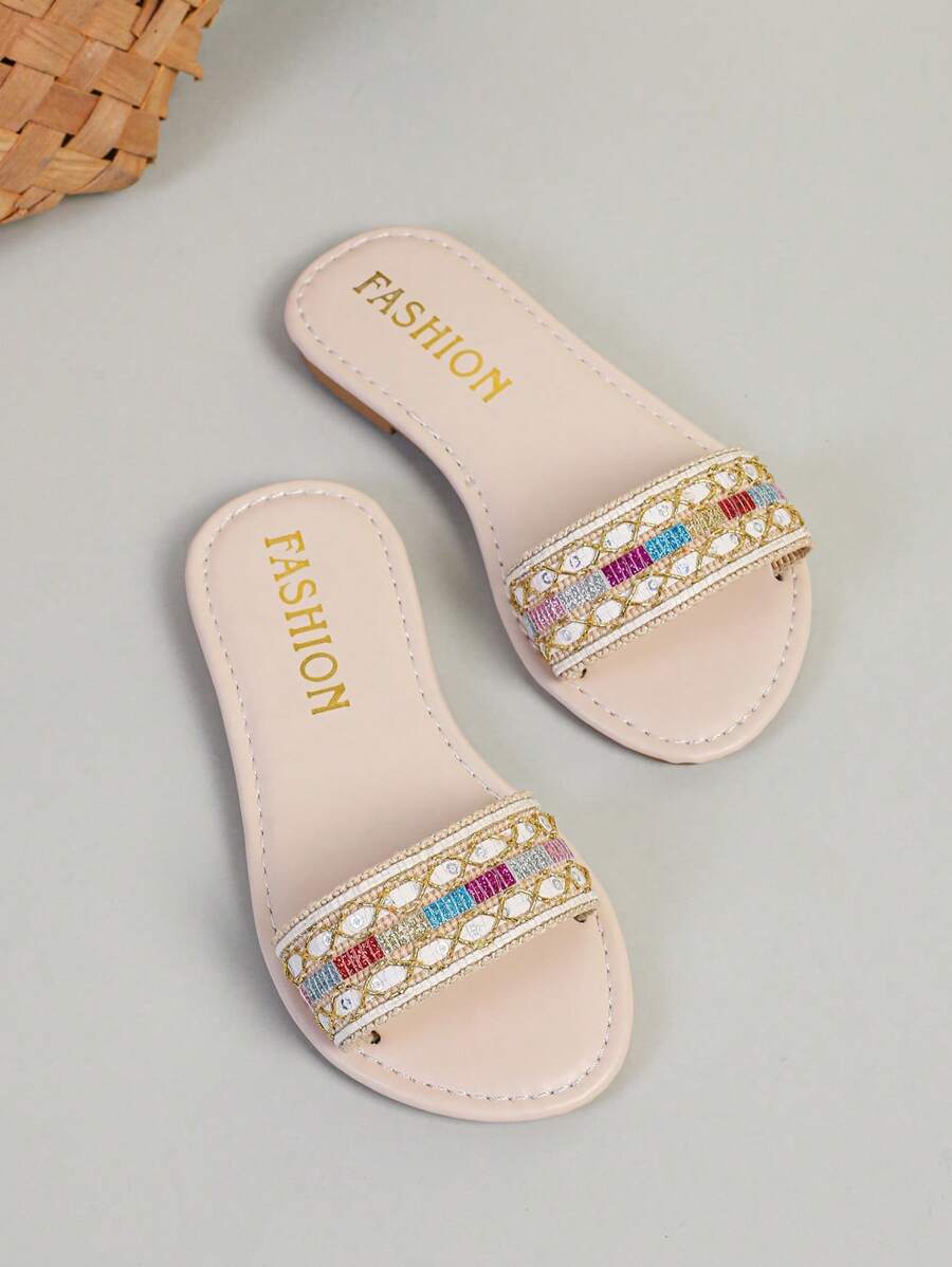 1 Pair Girl Beige Flat Slide Sandals, Colorful Woven Strap Design Round Toe, Fashionable & Cute Indoor/Outdoor Casual Slippers, Summer New Arrival - Beige - View 1