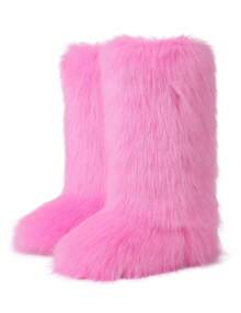 Winter Knee High Boots For Women Pull-On Faux Fur Boots Furry Fluffy Round Toe Fashion Boots Suede Comfy Plush Warm Knee High Boots Outdoor Indoor Flat Shoes Party Dressy Women Winter Boots - 粉色 - 查看 2