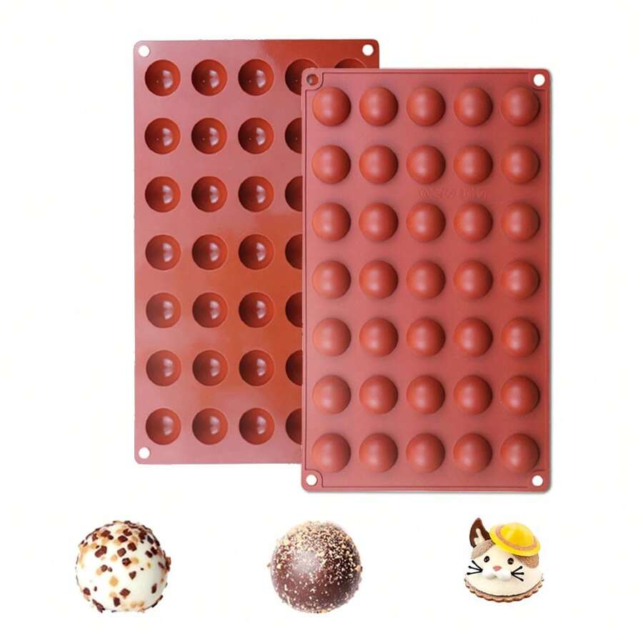 圆形硅胶模具巧克力迷你 35 腔半球形硅胶模具不粘，半球形硅胶烘焙模具用于糖果和巧克力，以及不粘圆柱形饼干模具 - 紅木色 - 查看 1