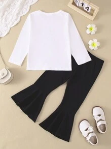 年轻女孩豹纹圆领长袖 T 恤 + 配套纯色喇叭裤 2 件套服装，户外服装 - 白色 - 查看 2