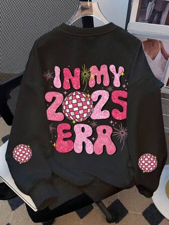 青少年女孩运动衫 卡通 新年快乐 2025 印花圆领超大套头衫 可爱上衣 酷炫青少年女孩学院风服装