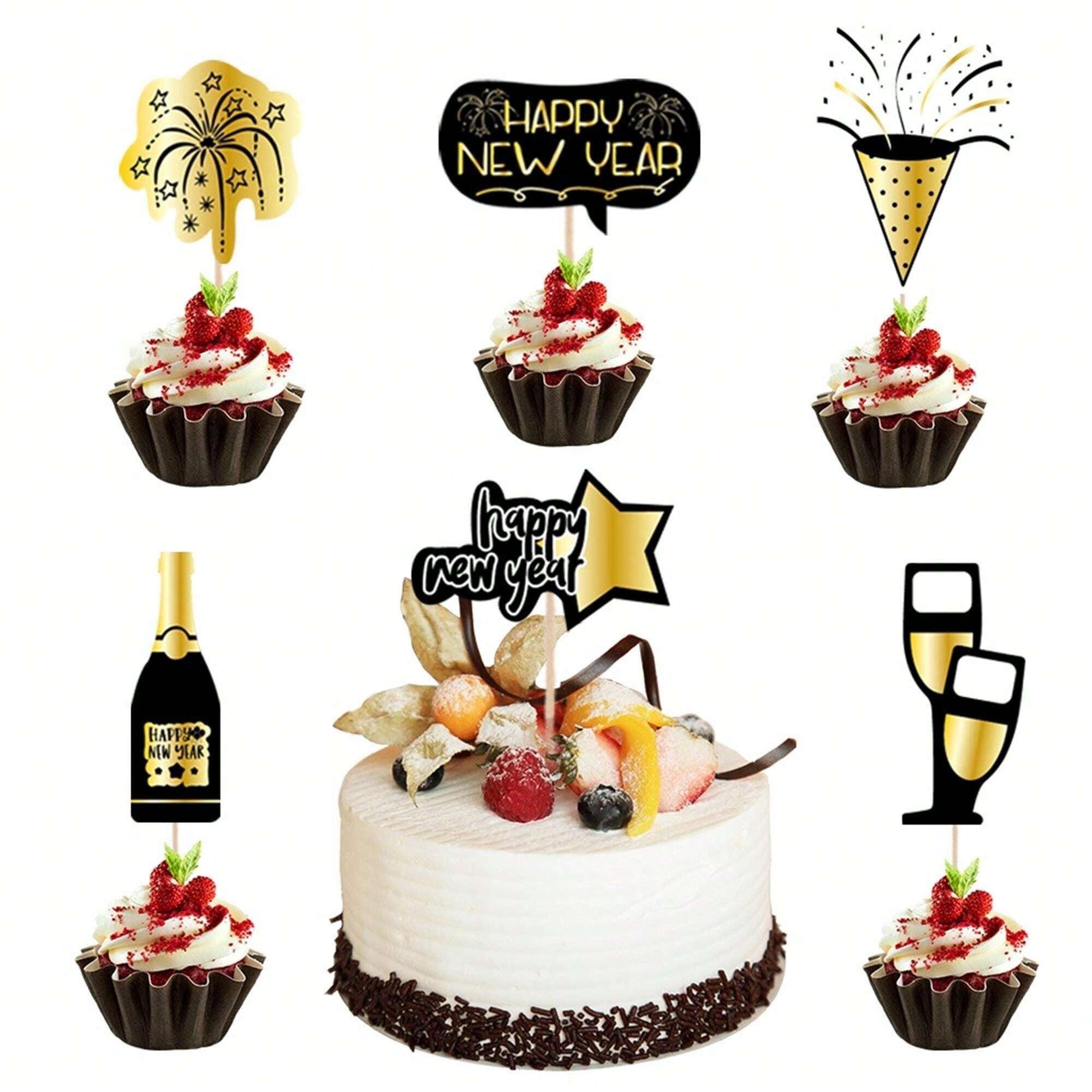 שנה טובה Cupcake Toppers 2025 ראש השנה קישוטי מסיבת רוז זהב שחור זהב נצנצים זיקוקים 2025 Cupcake
