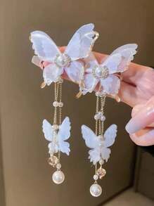 2 Pièces Boucles D'oreilles Pendantes Élégantes En Dentelle, Strass, Perles Fausses Et Papillon Avec De Longues Franges Pour Un Port Quotidien Pour Femme, Style Européen Et Américain