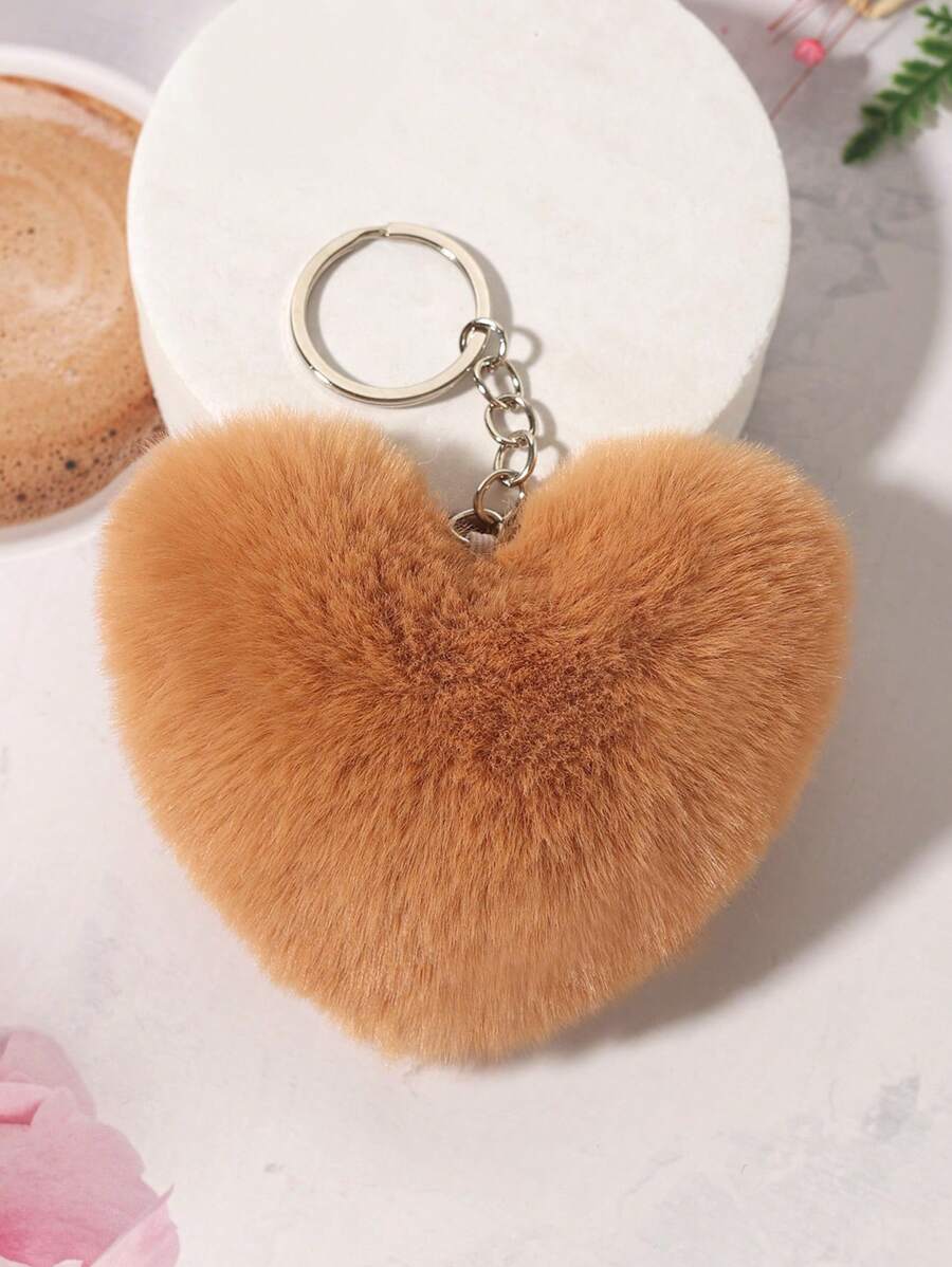 1 móc chìa khóa hình quả bóng lông thỏ và mặt dây chuyền hình trái tim