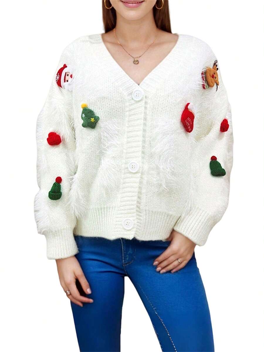 Womens Christmas Cardigans Fuzzy Long Sleeve V Neck Button Down Sweaters Classic Winter Tops - White - View 1