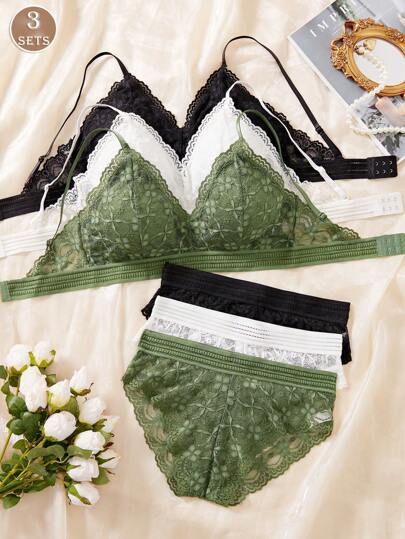 3SETS French Shaped Kanten Flower Detachable Chest Pad Lingerie Bra, Wireless Zachte Cup Breathable Multi BH Underwear Set Underwear.