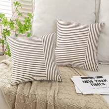 1pc Striped Patchwork Cushion Cover, Sofa Pillow Sham (No Pillow Insert) - Black - View 5