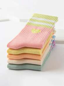 5 双女童过膝袜，儿童中筒心形设计时尚袜子，幼儿和学生可爱保暖运动袜，秋冬 - 彩色 - 查看 7