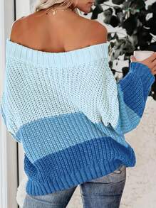 Women's Loose Sexy Cold-Shoulder Over Size Sweater, Casual Ribbed Knit Contrast Color Pullover, One Shoulder Long Sleeve Off Shoulder Top Fall/Winter - Multicolor - View 6