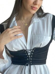 Women's Lace Up Corset Top .Y Vintage Western Bustier Crop Top Tight Fit Cropped Vest Clubwear - 黑色 - 查看 3