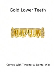 1pc/2pcs Hip Hop Style Vampire Hollow Teeth Grillz, Inlaid Shiny Zirconia 18K Gold Plated, Halloween Christmas Street Fashion Accessories, Comes With Tweezer & Dental Wax