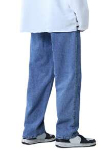 Men's Baggy Jeans Wide Fit Carpenter 100% Cotton Premium Fabric Dazzling - 深色水洗藍 - 查看 2