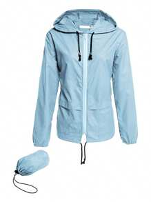 Women Packable Rain Jacket, Outdoor Hooded Windbreaker With Adjustable Drawstring - Blue - View 1