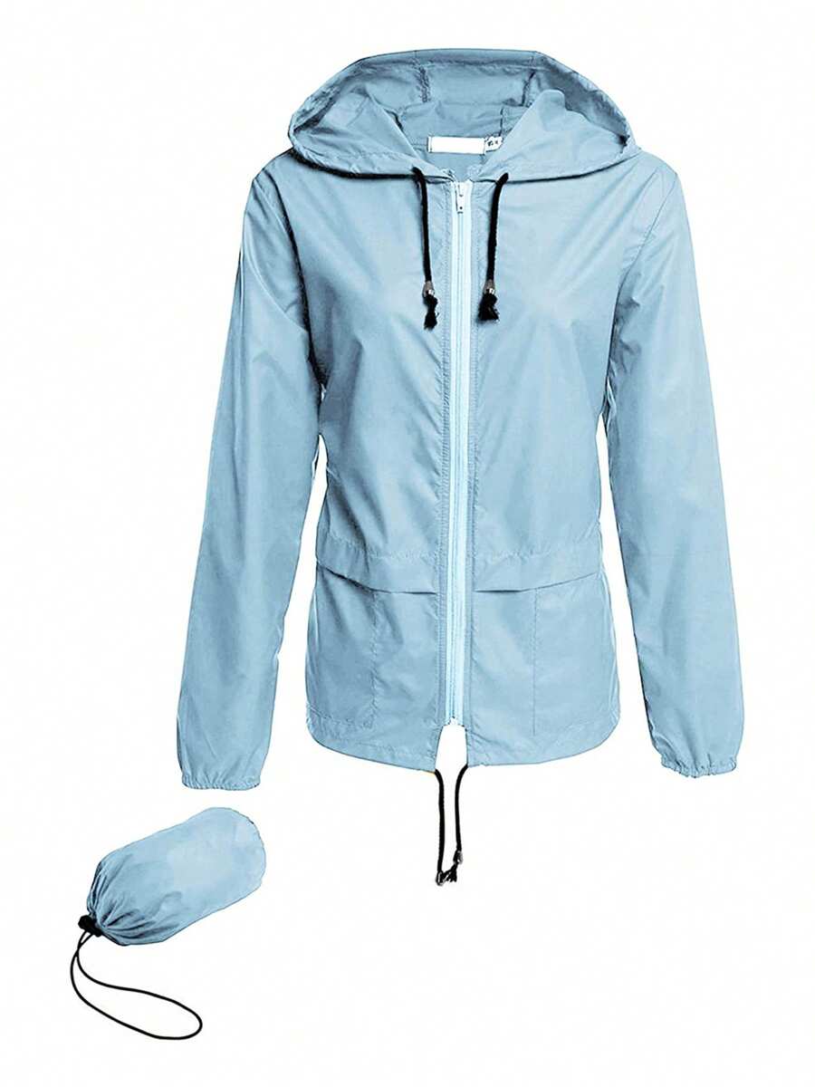 Women Packable Rain Jacket, Outdoor Hooded Windbreaker With Adjustable Drawstring - Blue - View 1