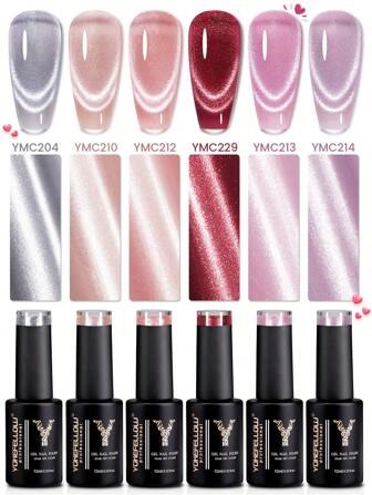  YOKEFELLOW 闪光猫眼凝胶指甲油套装 10ml 6 种颜色，情人节系列浪漫粉色红色银色反光半透明猫眼凝胶指甲油可浸泡 UV LED 美甲沙龙 DIY 和女性礼物