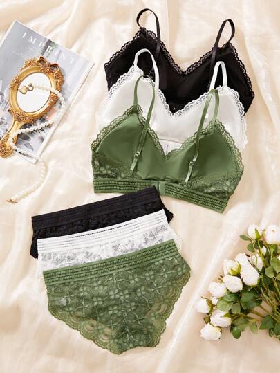 3SETS French Shaped Kanten Flower Detachable Chest Pad Lingerie Bra, Wireless Zachte Cup Breathable Multi BH Underwear Set Underwear. view 3