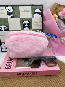 Bolsa de maquillaje personalizada con nombre bordado, de gran capacidad y linda, bolsa de almacenamiento portátil y esponjosa, estilo coreano de moda para chicas, en color liso suave tipo "Aesthetic INS", bolsa de cosméticos de colores de caramelo para estudiantes y damas
