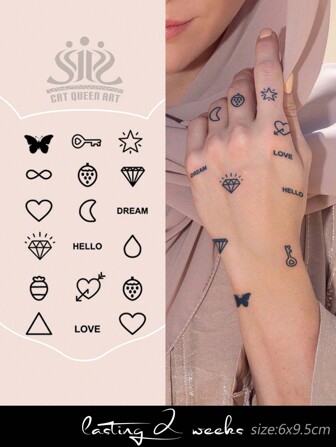 18pcs Herbal Juice Mini Temporary Tattoos, Butterfly, Heart, Diamond Designs, Semi-Permanent 14-Day Use, Non-Reflective, Small Gift For Fingers, Ears, Shoulders, Neck, Body