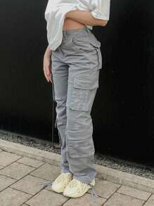 Y2K Solid High Waist Drawstring Long Pants Flap Pocket Cargo Pants - 灰色 - 查看 2
