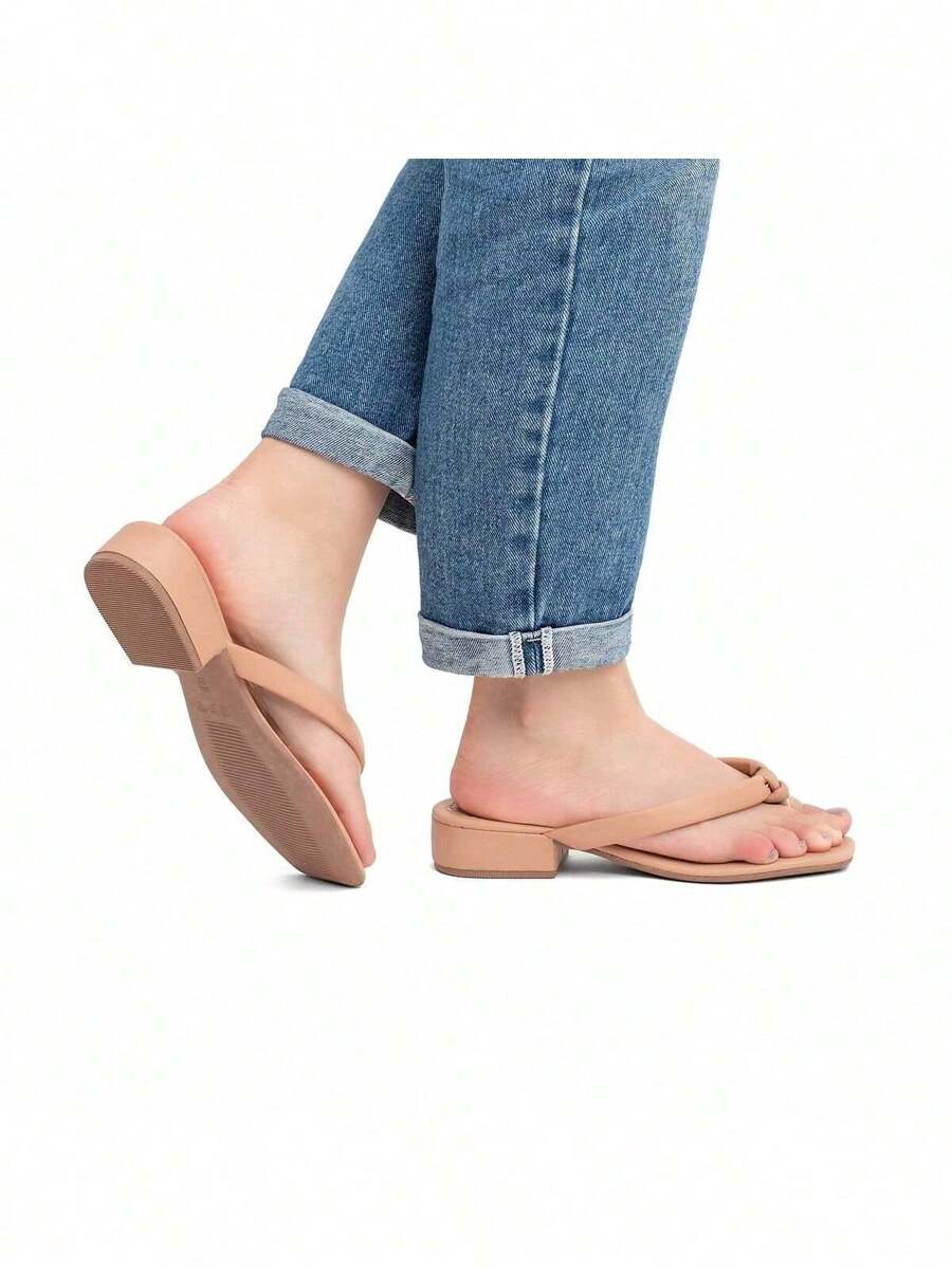Comfortable Flip Flop Low Block Heel Sandal - 米色 - 查看 1