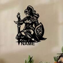 1 pieza Cartel personalizado de Lobo aullando en la Luna Creciente y Bosque, Arte de Pared Metálico de Lobo en la Luna, Decoración de Pared, Decoración del Hogar, Guerrera Femenina con Espada y Escudo, Decoración del Hogar Única, Regalo Personalizado, Regalo para Papá