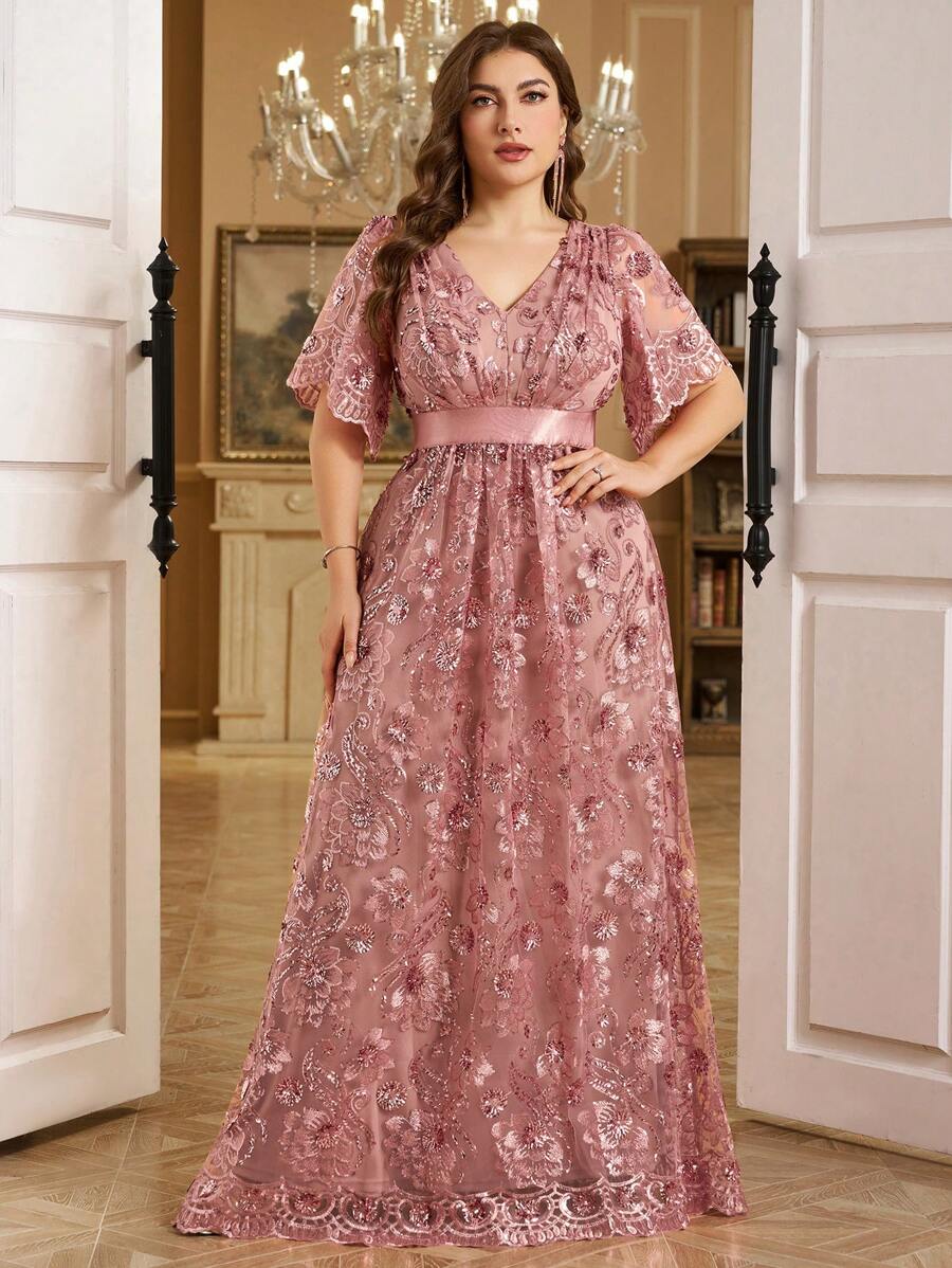 SUPGIR Vestido formal largo elegante de noche con cuello en V, mangas abullonadas, bordado de lentejuelas y flores, ideal para fiestas, bodas y eventos, tallas grandes (corte aleatorio) - Rosa vieja - Ver 1