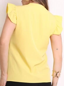 MARILYN MONNA New Women's Solid Color Classic V-Neck Ruffle Elegant Notched Neck Sleeve Blouse - 淺黃 - 查看 2