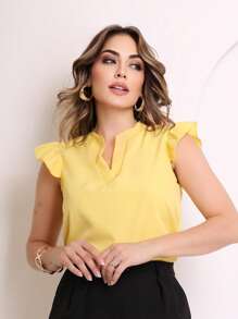 MARILYN MONNA New Women's Solid Color Classic V-Neck Ruffle Elegant Notched Neck Sleeve Blouse - 淺黃 - 查看 4