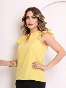 MARILYN MONNA New Women's Solid Color Classic V-Neck Ruffle Elegant Notched Neck Sleeve Blouse - 淺黃 - 查看 5