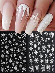 2 件 3D 圣诞雪花美甲贴纸，自粘雪花图案滑块美甲贴花，圣诞新年冬季美甲设计装饰 DIY 美甲用品 - 白色 - 查看 2