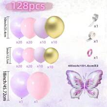 128 个紫色、粉色、金色乳胶气球和蝴蝶铝箔气球装饰，适用于生日派对、婚礼、毕业典礼、新娘送礼会、周年纪念、迎婴派对、家居装饰、房间、花园装饰、照片背景 - 多色 - 查看 4