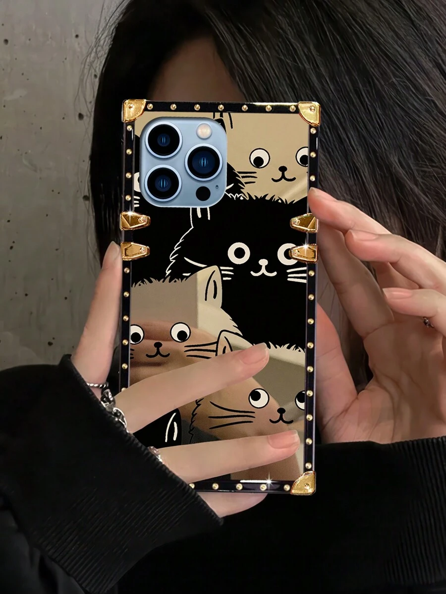 1pc Glossy Cartoon Cat Pattern Rectangle Fashionable Phone Case, Unique, Shiny, Artistic, Matte Black, Luxurious, Minimalist, Brand New, High Quality, Retro, Elegant, High-End Mobile Phone Accessory