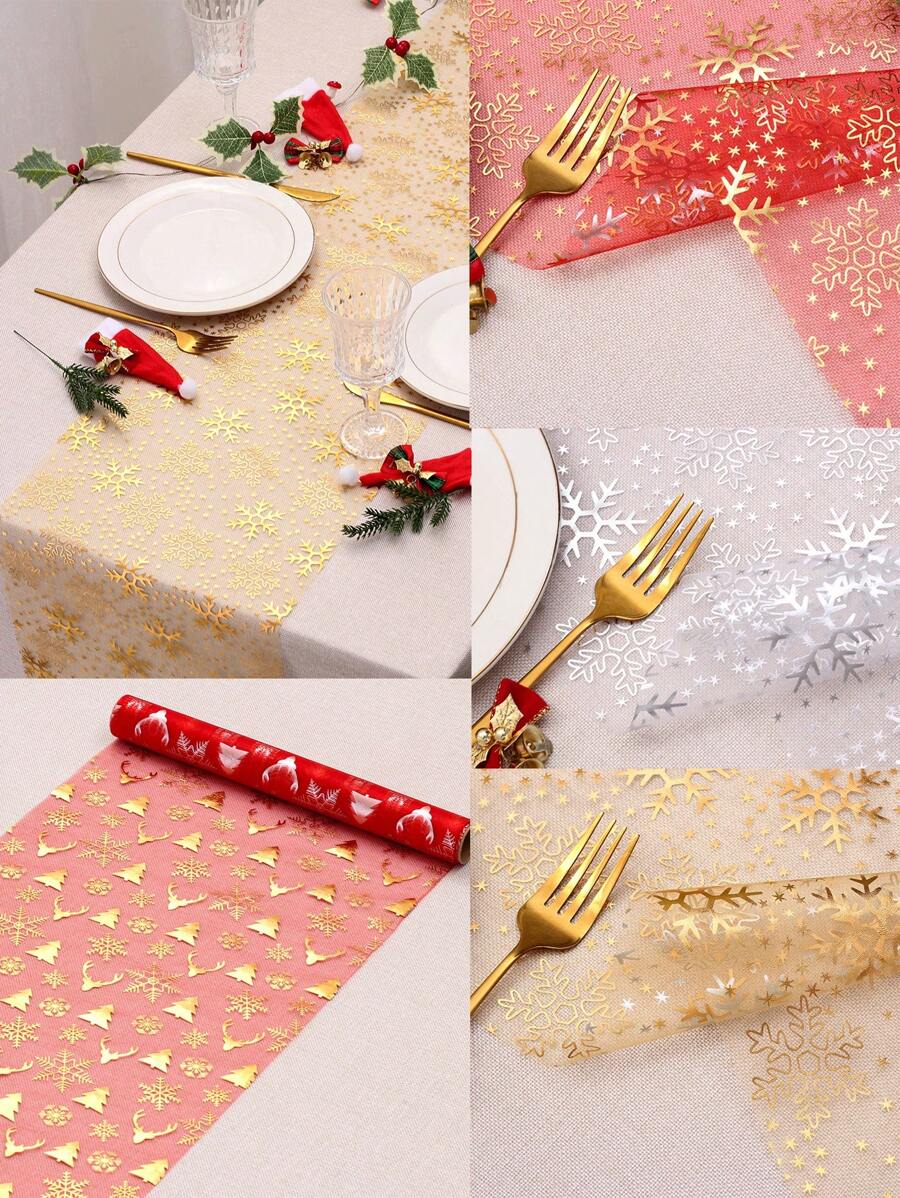 1pc 28x300cm Net Yarn Gold Foil Table Runner Snowflake & Deer Head Sequin Flash Net Roll, For Party/Wedding/Christmas Dinner Table Decor,Christmas - Silver - View 1