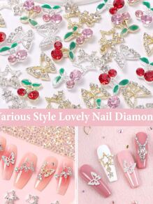 40 件合金指甲宝石饰品，银色金色 3D 蝴蝶吊坠星星指甲水钻饰品粉色红色樱桃闪亮钻石指甲饰品 DIY 配饰用品 - 彩色 - 查看 4