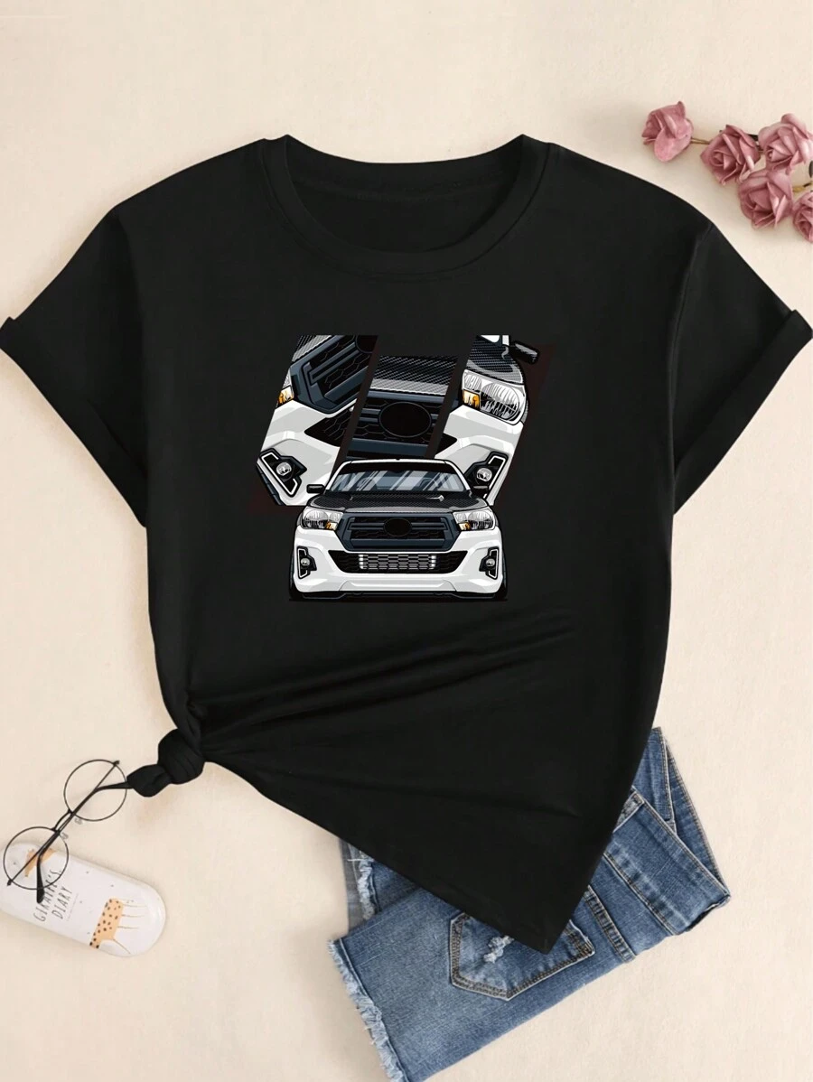Streetwear T-Shirt Comfort Car Cotton Women's T-Shirt Printed Soft Summer - màu đen - Xem 1