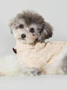 UFBemo 1pc Beige Cable Pattern Soft Pet Sweater, Warm Clothing Suitable For Autumn/Winter, For Medium To Small Dogs And Cats - Beige - View 2