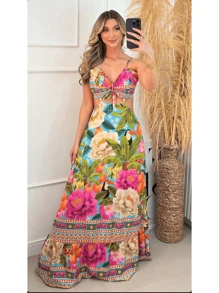 Women's Long Strap Dress Floral Print Summer Tropical Beach Casual - Màu xanh lam - Xem 5