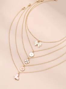 5pcs/Set Fashionable Bow, Clover, Bow Layered Necklace Set, Jewelry For Girls