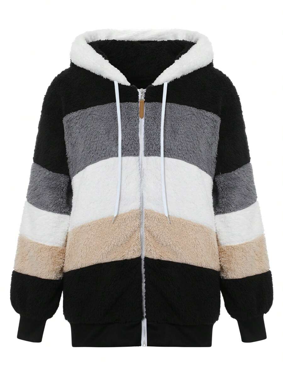 Women Contrast Color Hooded Coat, Long Sleeve Zip-Up Plush Tops For Spring, Autumn - Black - View 1